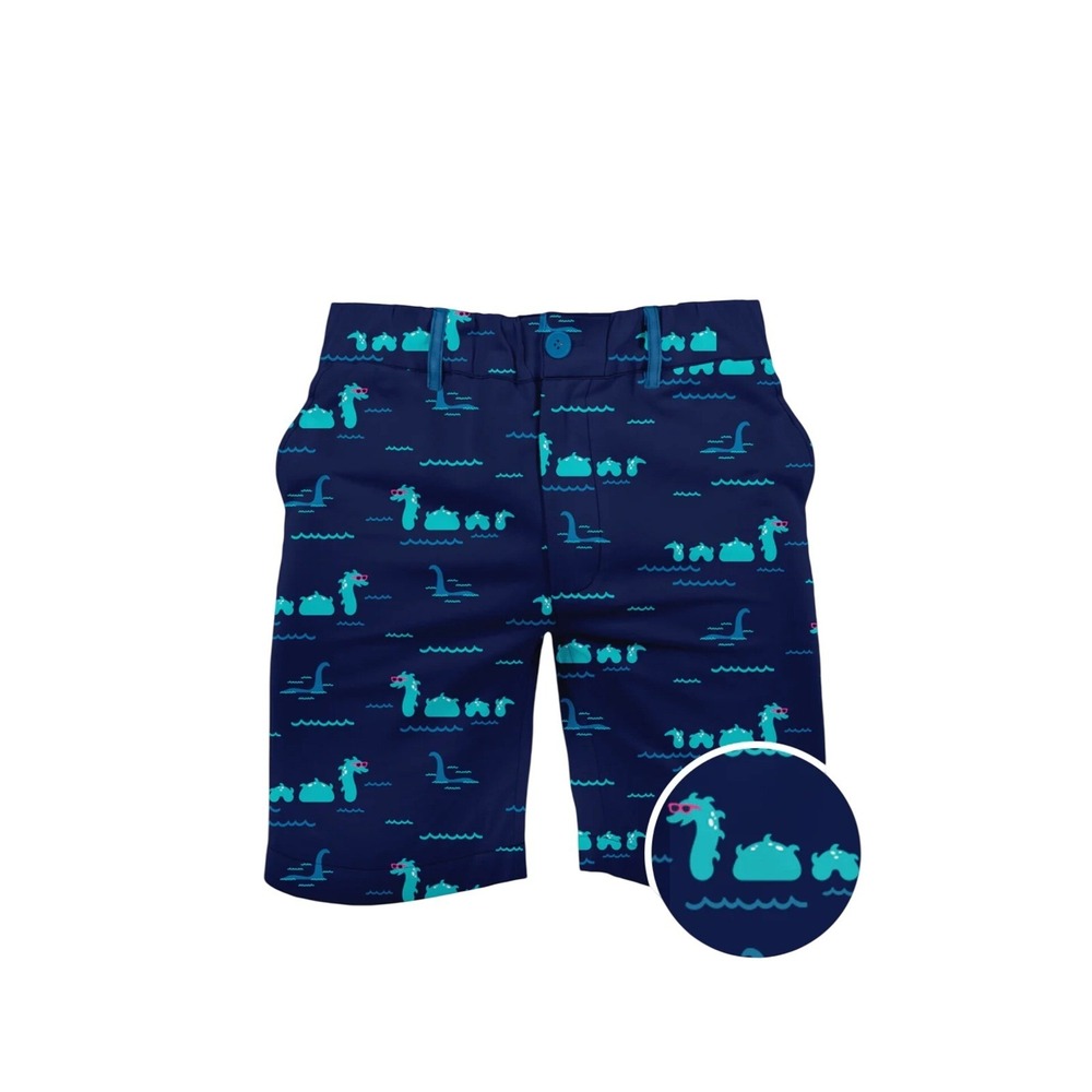 New Tipsy Elves Monster Navy Blue Casual Flat Front Golf Shorts Nessie Pattern-S
